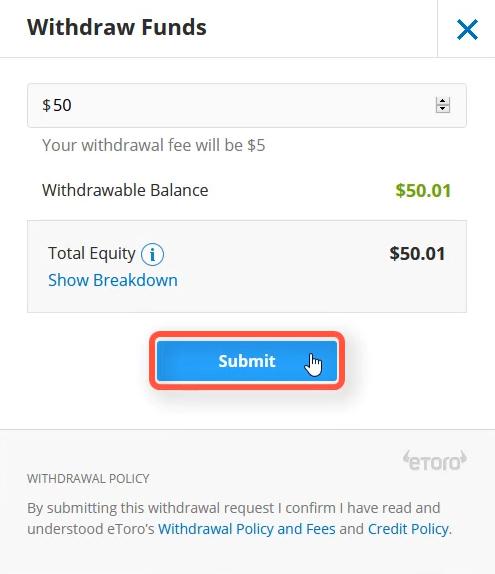 Enter the amount you want to withdraw from Etoro