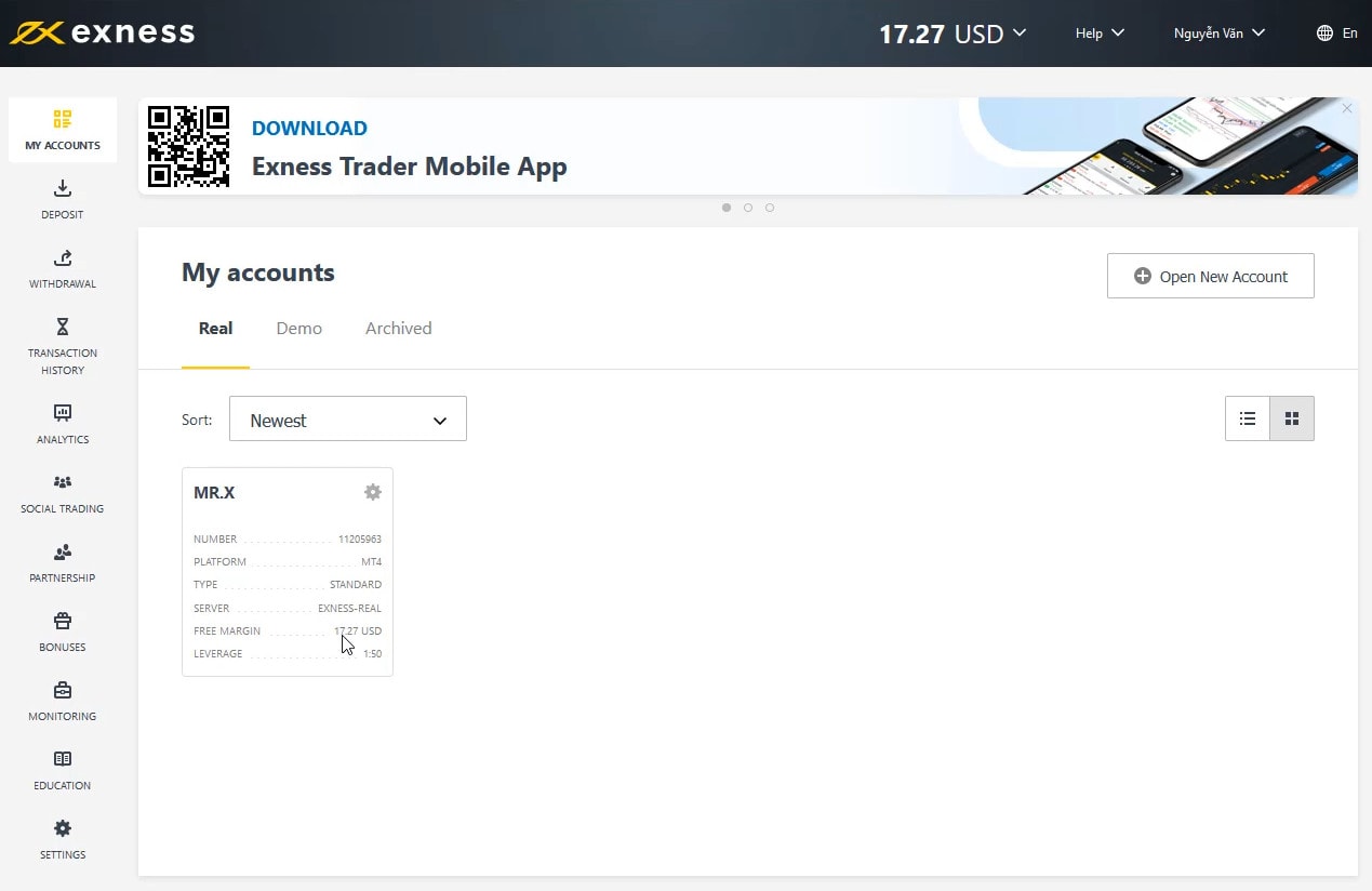 Check your Exness broker account again to confirm
