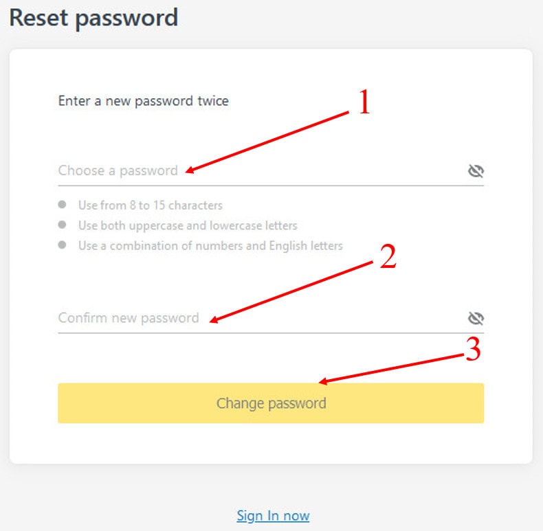 Enter the new password and confirm it