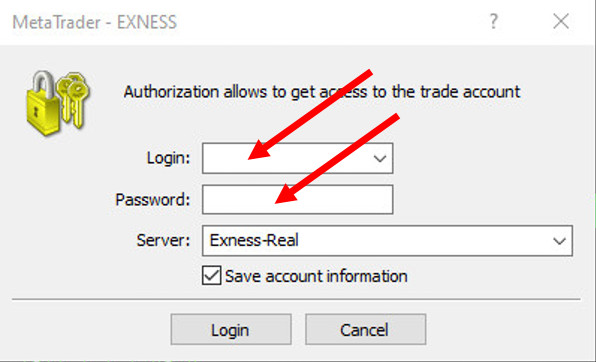Log into your account in the MT4 to start trading on Exness